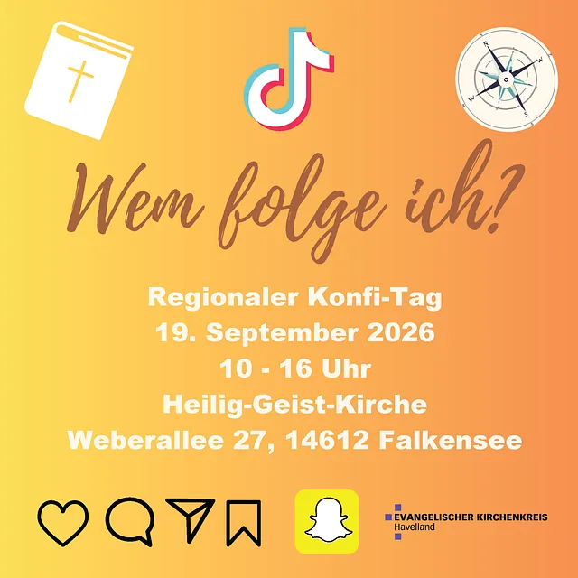 Flyer Konfi-Tag: TikTok-Logo, Bibel, Kompass und Social-Media-Icons