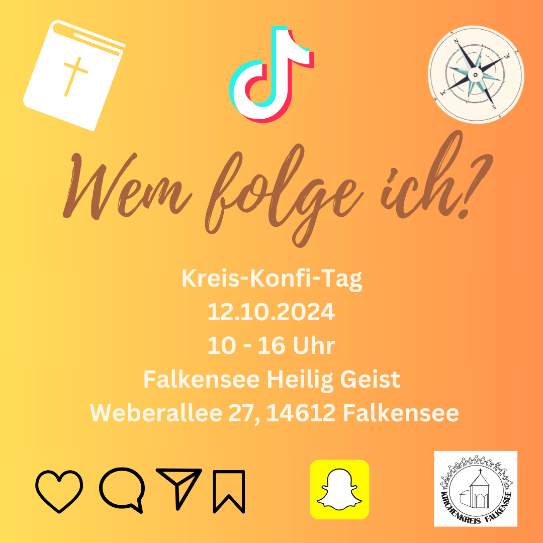 Flyer Konfi-Tag: TikTok-Logo, Bibel, Kompass und Social-Media-Icons